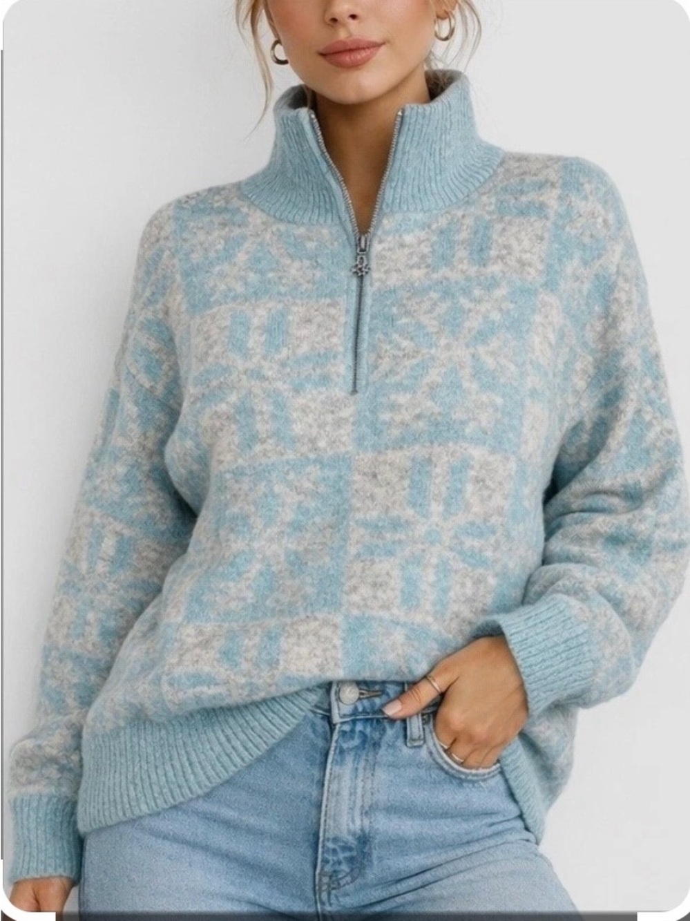 LOFT Snowflake 1/4 Zip Turtleneck Sweater Blue & Gray L